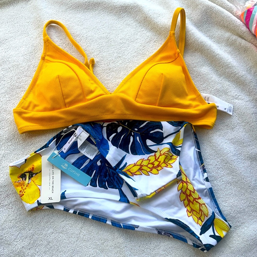 YELLOW AND BLUE LEAVES PRINT HIGH WAIST BIKINI Size XL